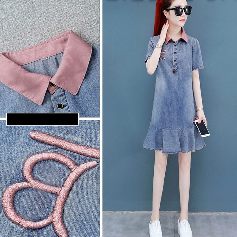 ĐẦM JEAN ĐUÔI CÁ PHỐI CỔ SƠ MI HỒNG - NJ2888